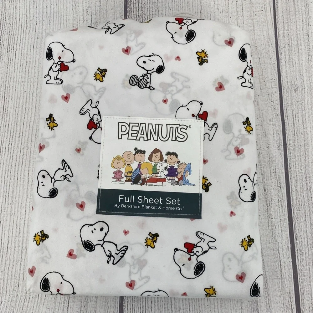 Peanuts Snoopy Sheet Set FULL White Woodstock Hearts Love Valentines Berkshire